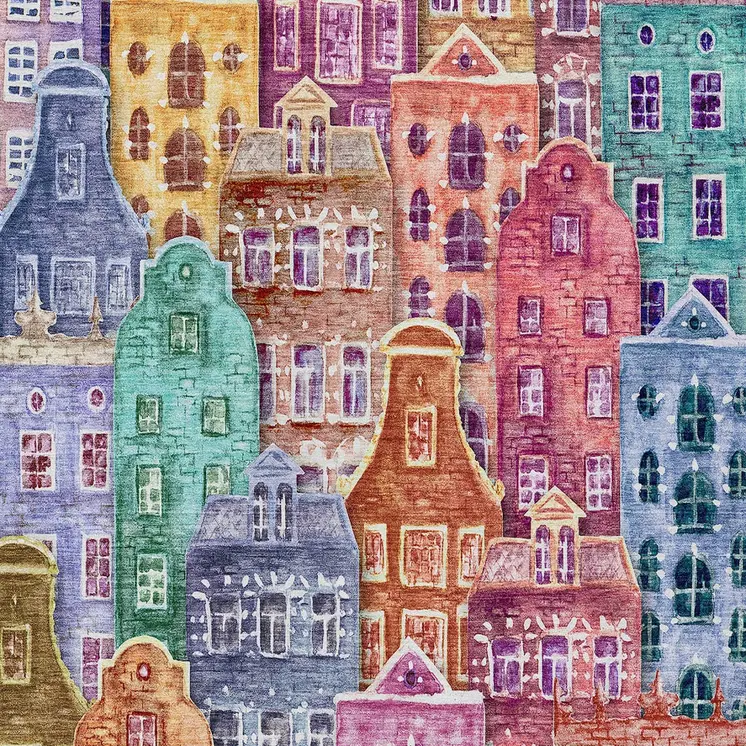9' X 12' Red Gold And Teal Blue Village Houses Washable Indoor Outdoor Area Rug