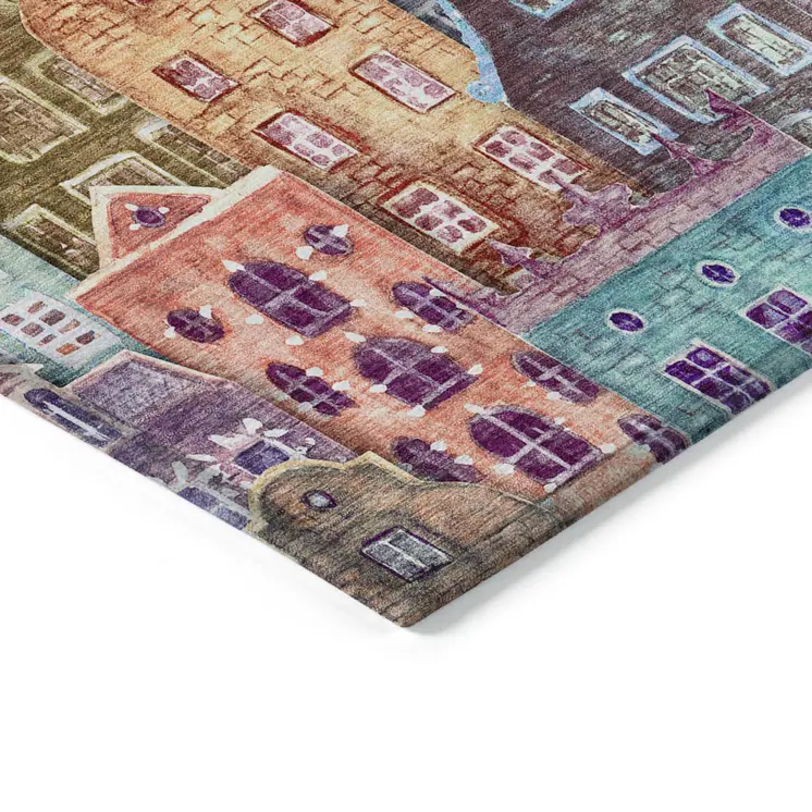 9' X 12' Red Gold And Teal Blue Village Houses Washable Indoor Outdoor Area Rug