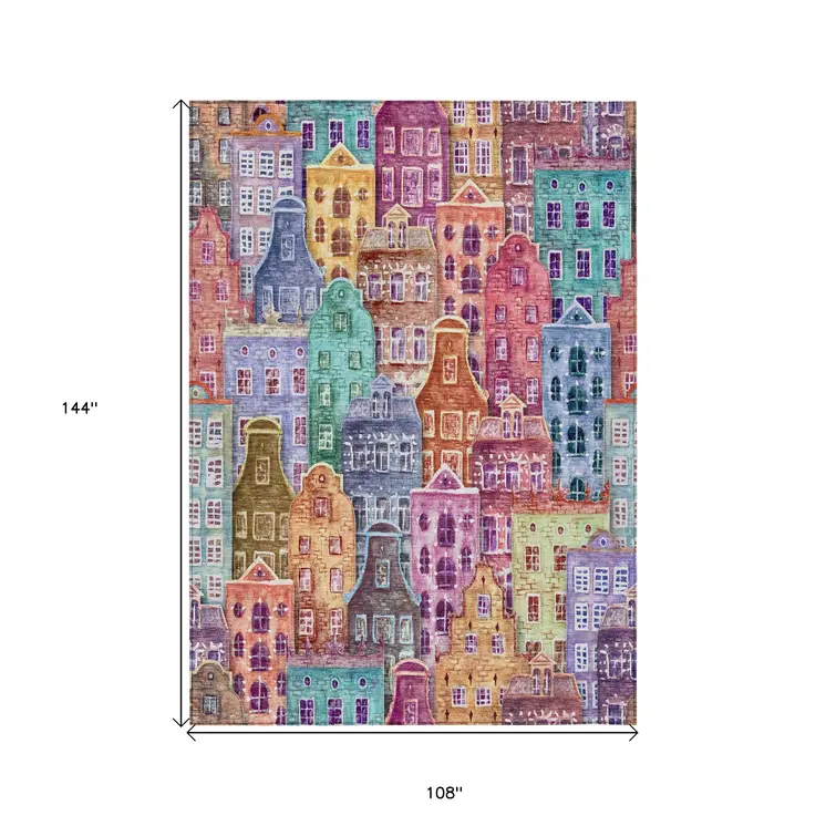 9' X 12' Red Gold And Teal Blue Village Houses Washable Indoor Outdoor Area Rug