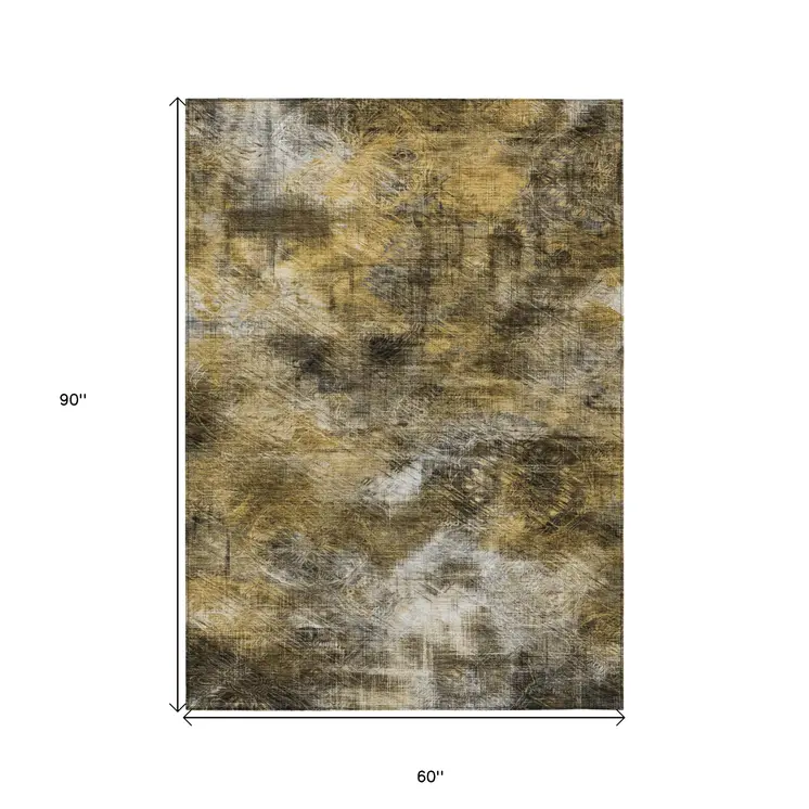 5' X 8' Brown Beige And Gold Abstract Washable Indoor Outdoor Area Rug