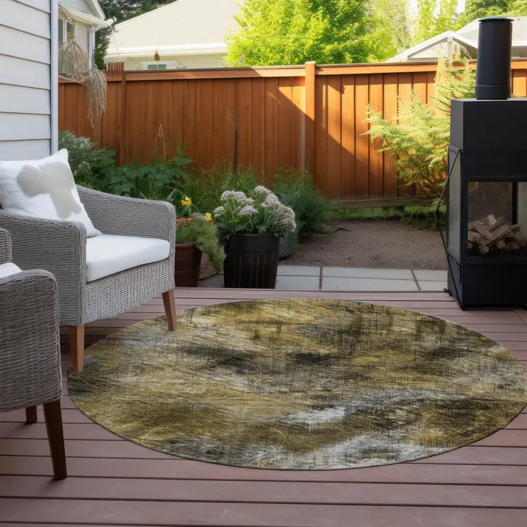 8' Brown Beige And Gold Round Abstract Washable Indoor Outdoor Area Rug