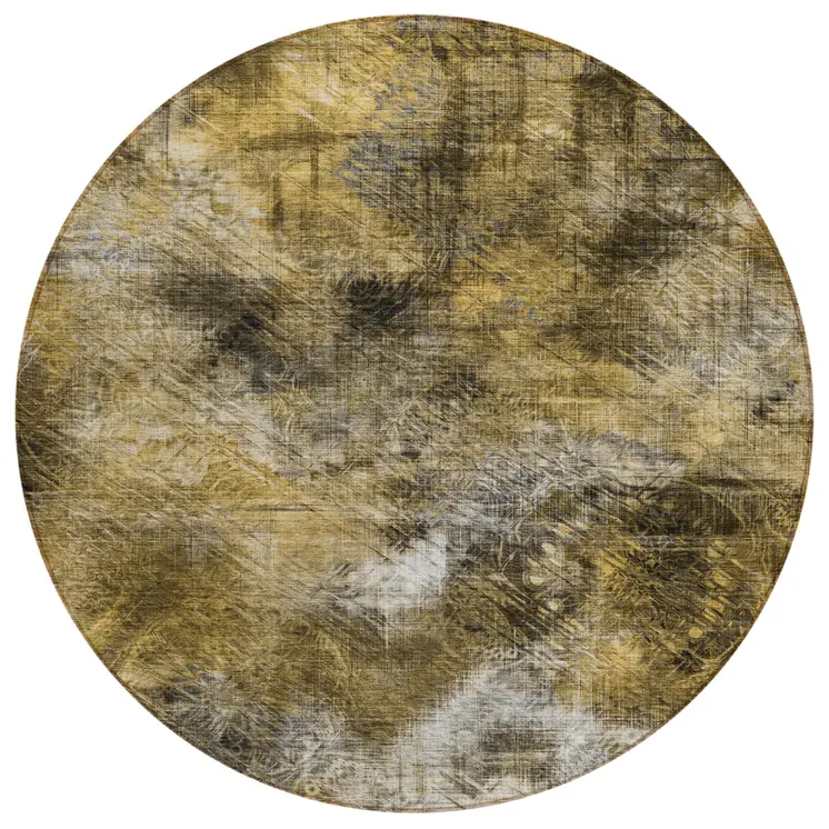 8' Brown Beige And Gold Round Abstract Washable Indoor Outdoor Area Rug