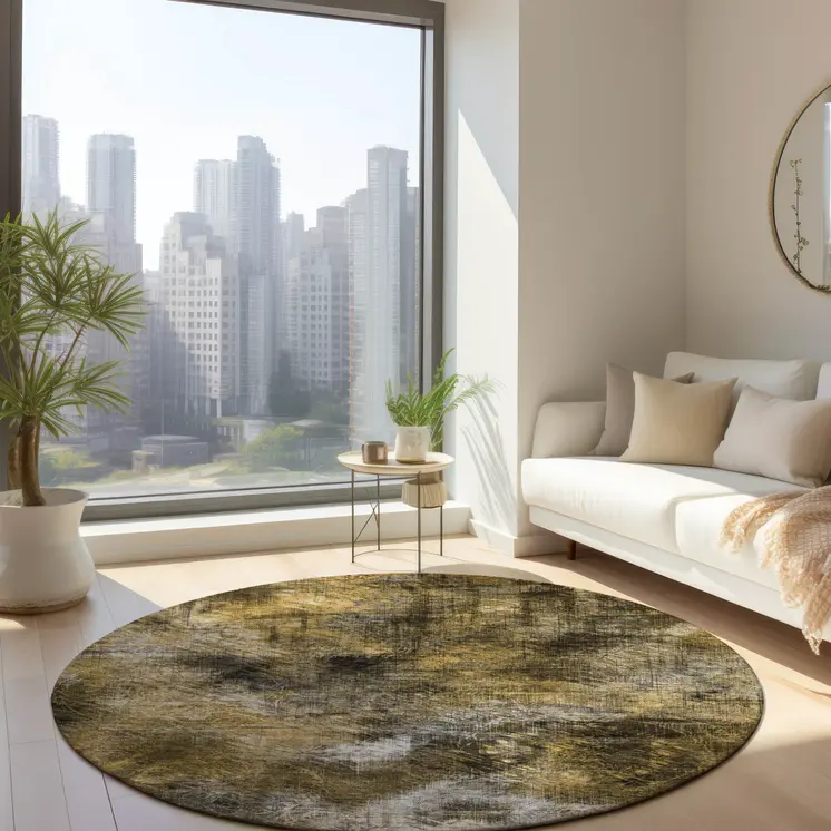 8' Brown Beige And Gold Round Abstract Washable Indoor Outdoor Area Rug