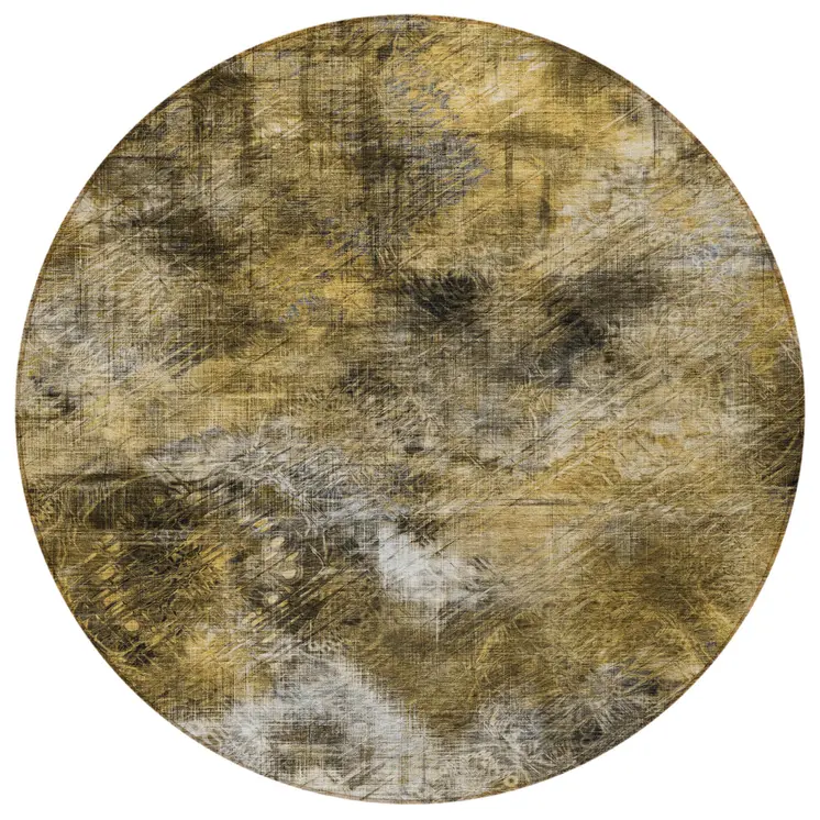 8' Brown Beige And Gold Round Abstract Washable Indoor Outdoor Area Rug