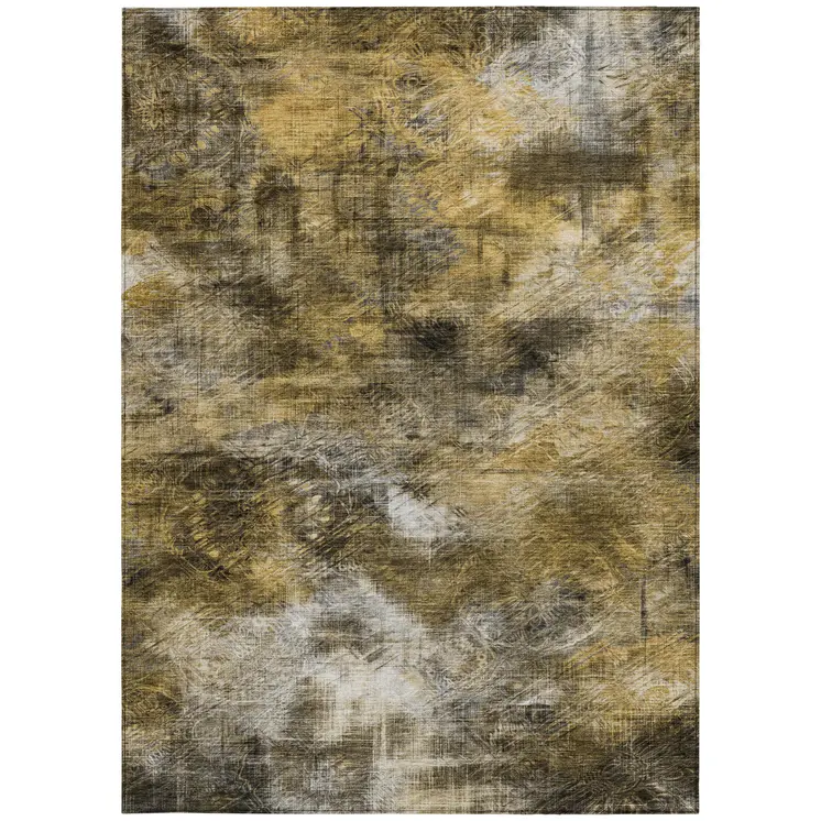 9' X 12' Brown Beige And Gold Abstract Washable Indoor Outdoor Area Rug