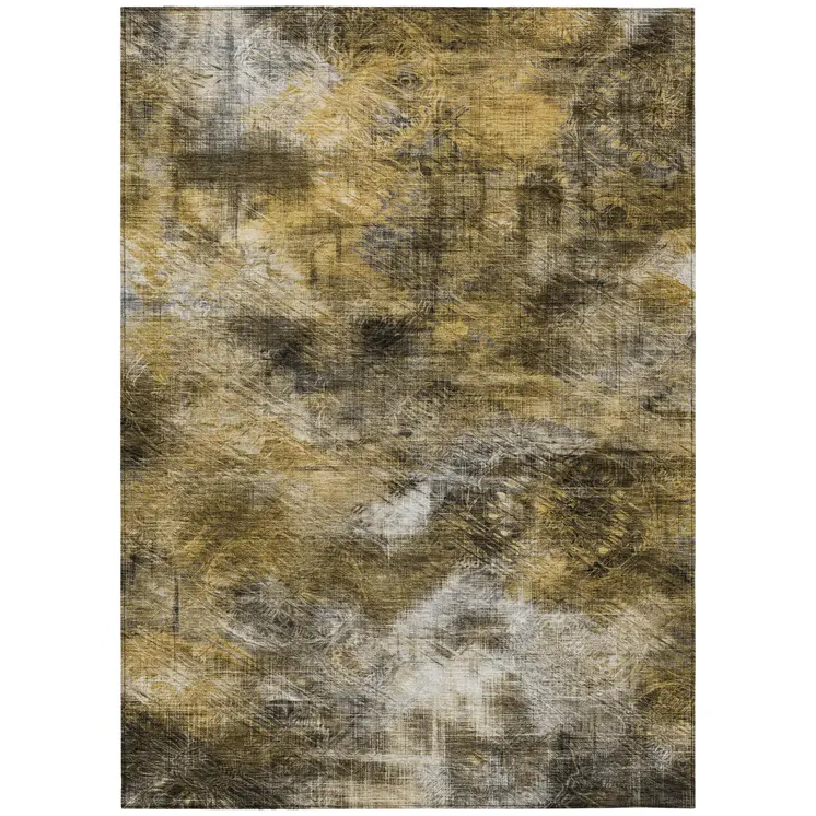 9' X 12' Brown Beige And Gold Abstract Washable Indoor Outdoor Area Rug