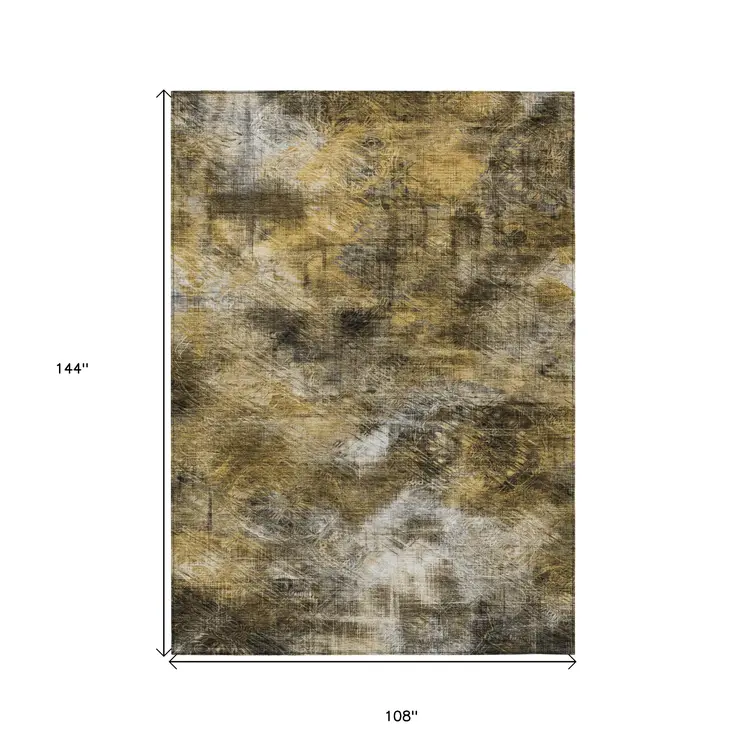 9' X 12' Brown Beige And Gold Abstract Washable Indoor Outdoor Area Rug
