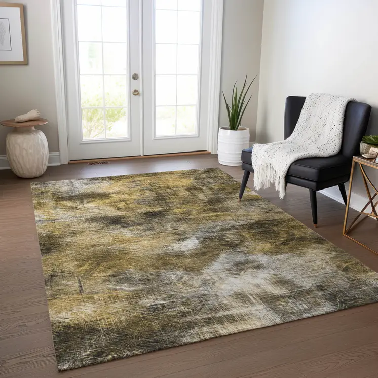 9' X 12' Brown Beige And Gold Abstract Washable Indoor Outdoor Area Rug