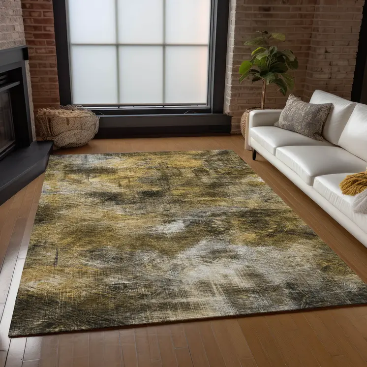 9' X 12' Brown Beige And Gold Abstract Washable Indoor Outdoor Area Rug