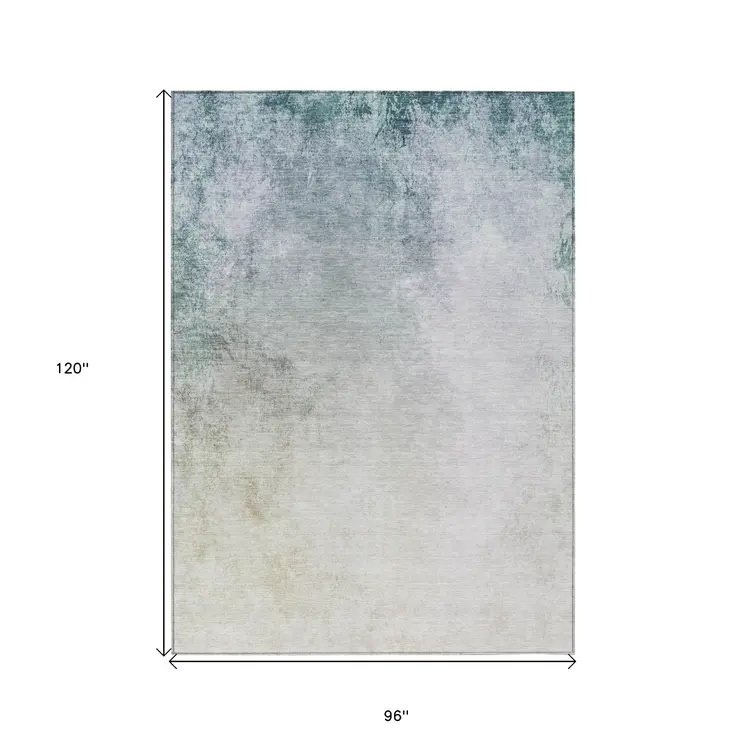 8' X 10' Beige Sky Blue And Teal Blue Ombre Washable Indoor Outdoor Area Rug