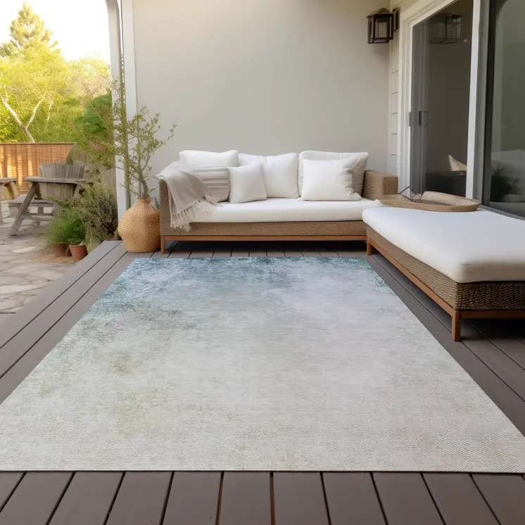 9' X 12' Beige Sky Blue And Teal Blue Ombre Washable Indoor Outdoor Area Rug