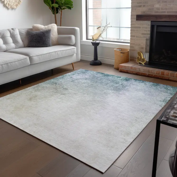 9' X 12' Beige Sky Blue And Teal Blue Ombre Washable Indoor Outdoor Area Rug