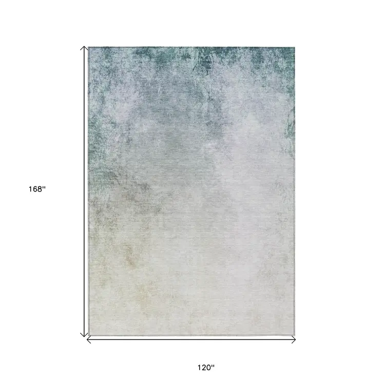 10' X 14' Beige Sky Blue And Teal Blue Ombre Washable Indoor Outdoor Area Rug