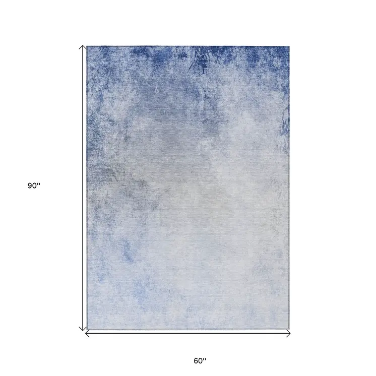 5' X 8' Navy Blue And Denim Blue Ombre Washable Indoor Outdoor Area Rug