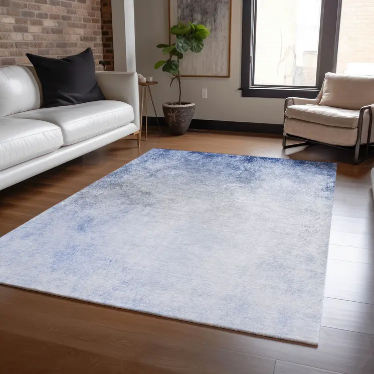 5' X 8' Navy Blue And Denim Blue Ombre Washable Indoor Outdoor Area Rug