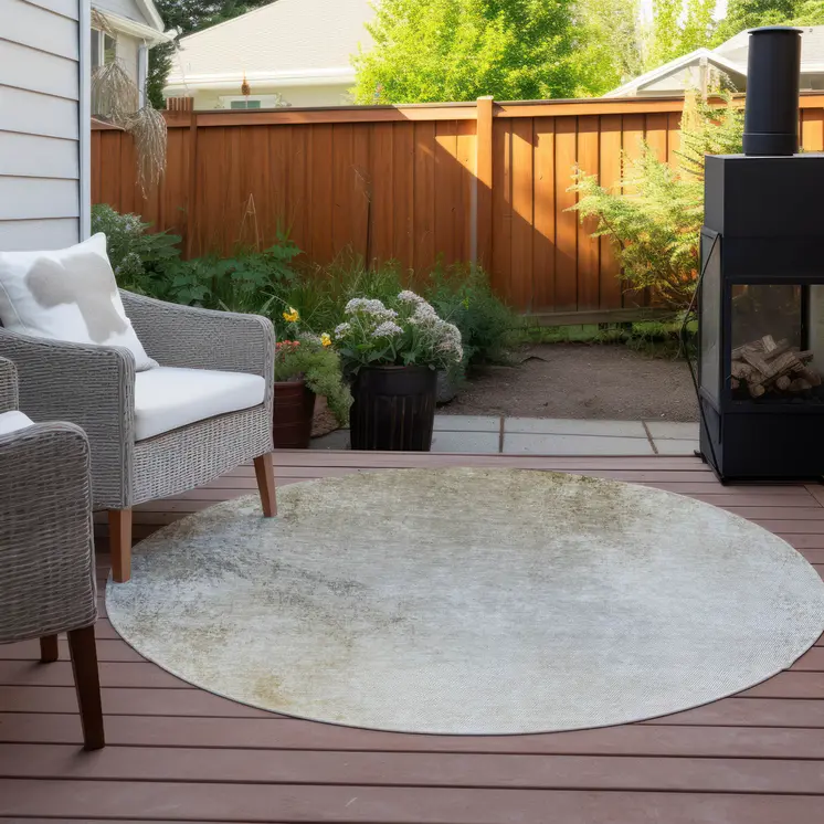 8' Taupe Beige And Ivory Round Ombre Washable Indoor Outdoor Area Rug