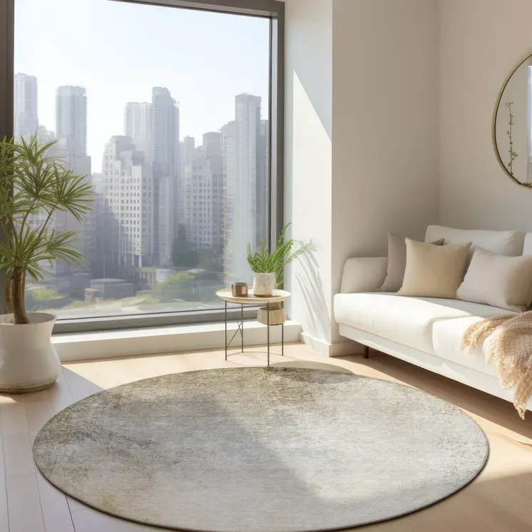 8' Taupe Beige And Ivory Round Ombre Washable Indoor Outdoor Area Rug