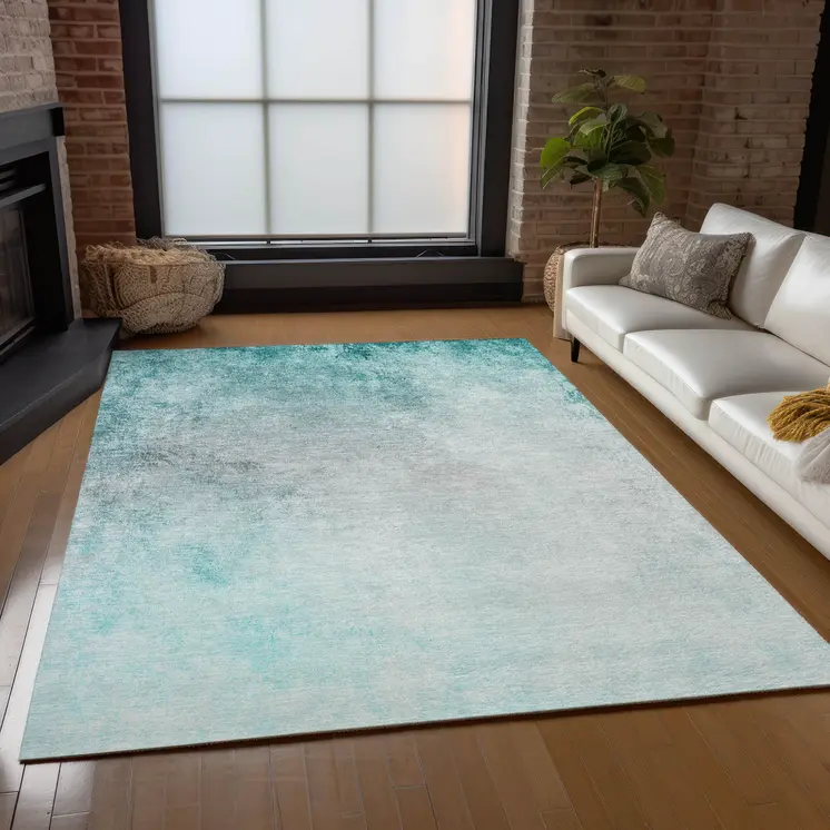 5' X 8' Teal Blue Aqua And Gray Ombre Washable Indoor Outdoor Area Rug