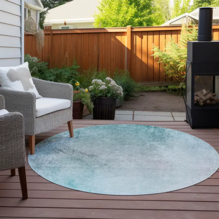 8' Teal Blue Aqua And Gray Round Ombre Washable Indoor Outdoor Area Rug