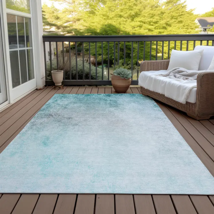 9' X 12' Teal Blue Aqua And Gray Ombre Washable Indoor Outdoor Area Rug