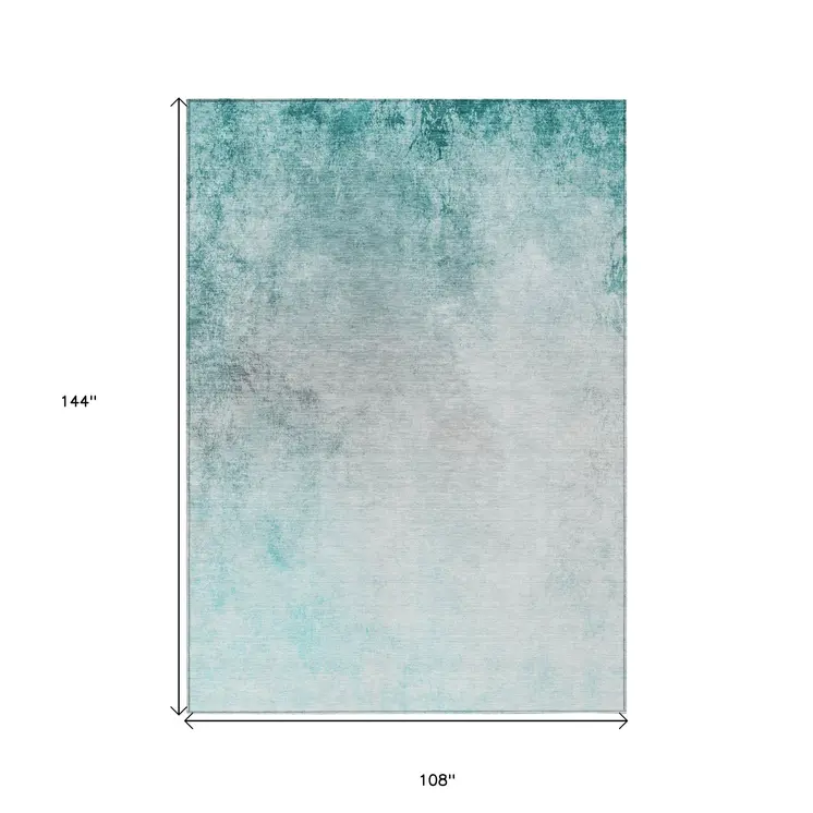 9' X 12' Teal Blue Aqua And Gray Ombre Washable Indoor Outdoor Area Rug