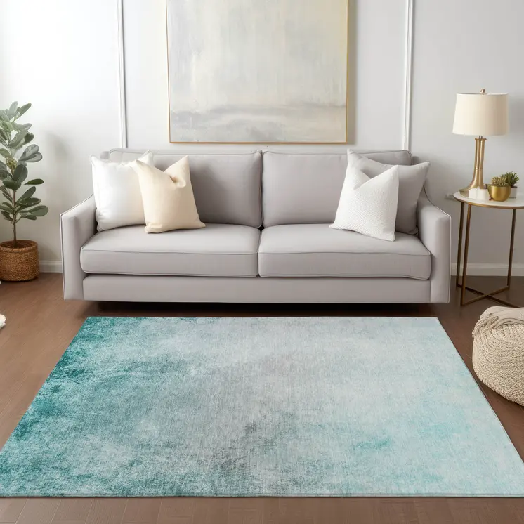 9' X 12' Teal Blue Aqua And Gray Ombre Washable Indoor Outdoor Area Rug
