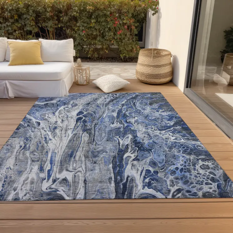 3' X 5' Denim Blue And Navy Blue Abstract Washable Indoor Outdoor Area Rug