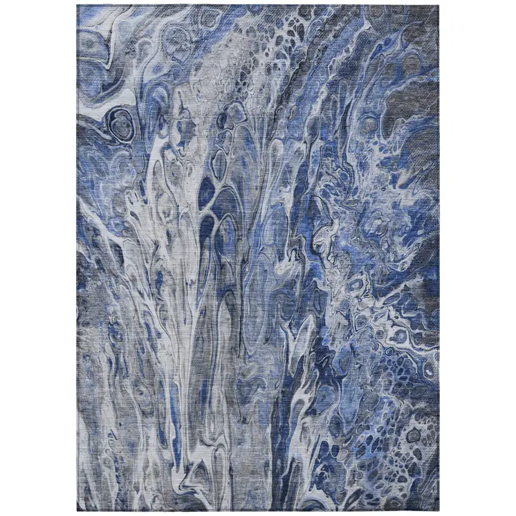3' X 5' Denim Blue And Navy Blue Abstract Washable Indoor Outdoor Area Rug