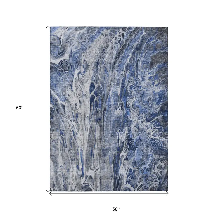 3' X 5' Denim Blue And Navy Blue Abstract Washable Indoor Outdoor Area Rug