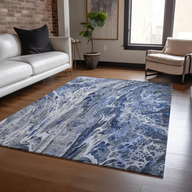 3' X 5' Denim Blue And Navy Blue Abstract Washable Indoor Outdoor Area Rug