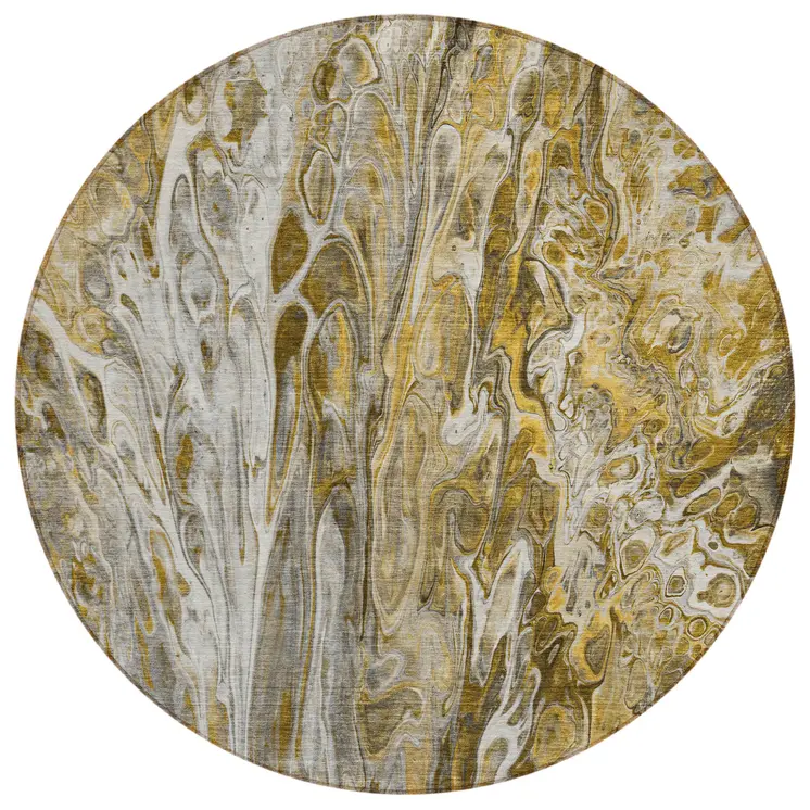 8' Brown Taupe And Gold Round Abstract Washable Indoor Outdoor Area Rug