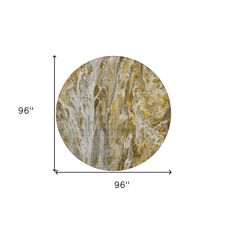 8' Brown Taupe And Gold Round Abstract Washable Indoor Outdoor Area Rug