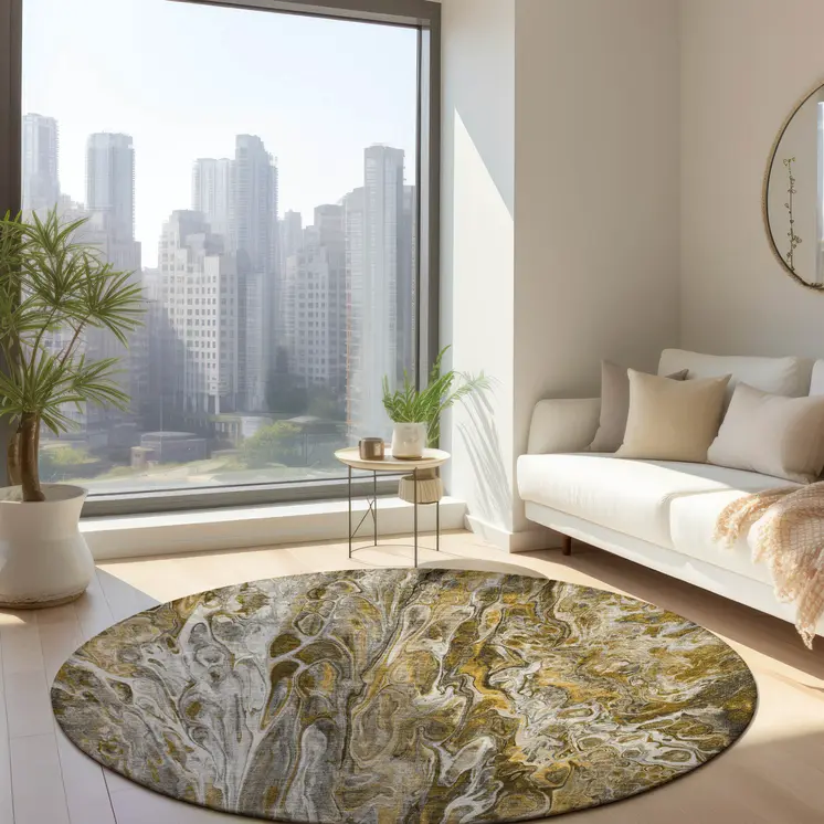 8' Brown Taupe And Gold Round Abstract Washable Indoor Outdoor Area Rug