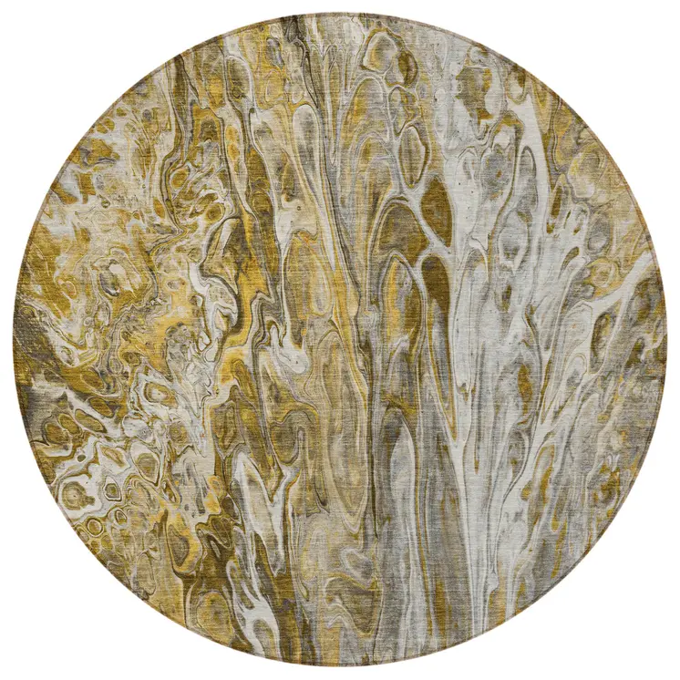 8' Brown Taupe And Gold Round Abstract Washable Indoor Outdoor Area Rug
