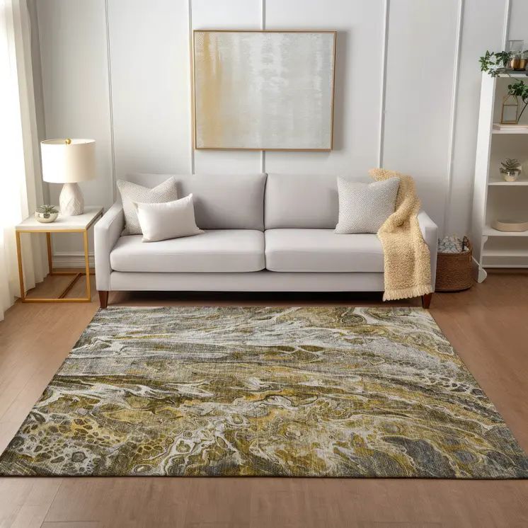 10' X 14' Brown Taupe And Gold Abstract Washable Indoor Outdoor Area Rug