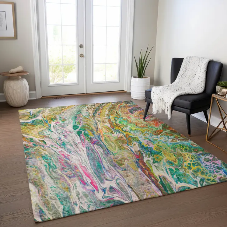 3' X 5' Green Gold And White Abstract Washable Indoor Outdoor Area Rug