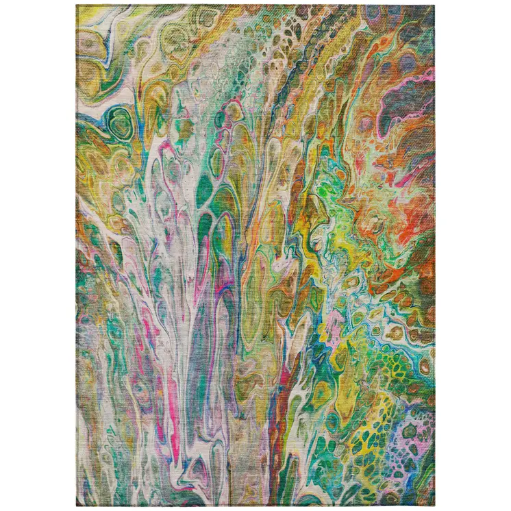 5' X 8' Green Gold And White Abstract Washable Indoor Outdoor Area Rug