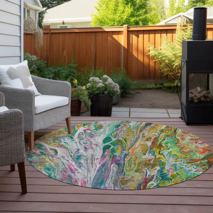 8' Green Gold And White Round Abstract Washable Indoor Outdoor Area Rug