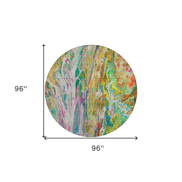 8' Green Gold And White Round Abstract Washable Indoor Outdoor Area Rug