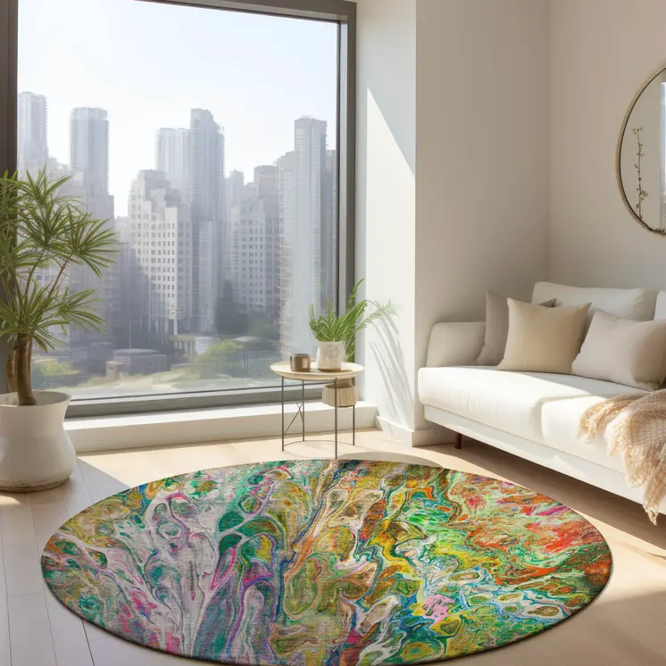 8' Green Gold And White Round Abstract Washable Indoor Outdoor Area Rug
