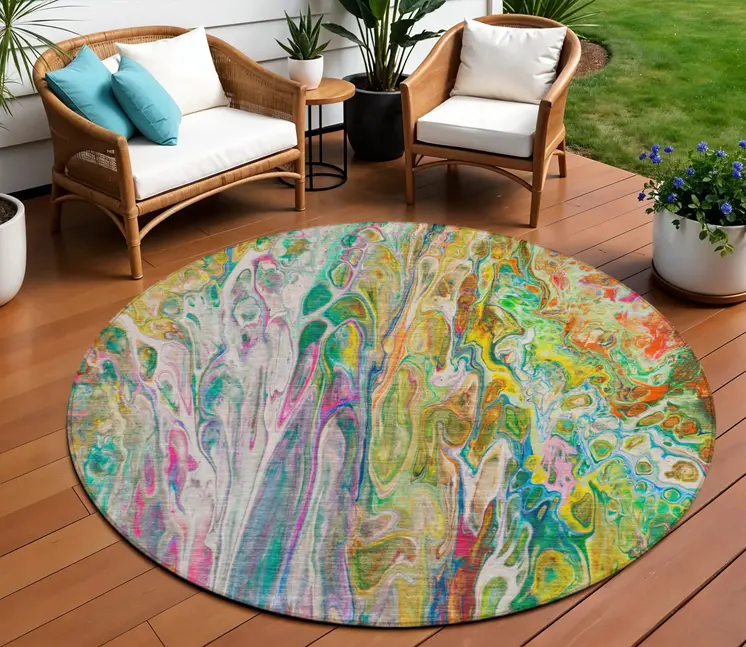 8' Green Gold And White Round Abstract Washable Indoor Outdoor Area Rug