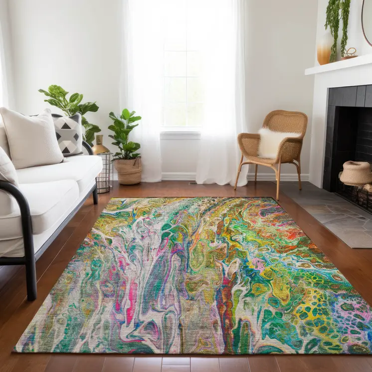 8' X 10' Green Gold And White Abstract Washable Indoor Outdoor Area Rug