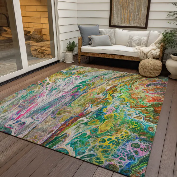 9' X 12' Green Gold And White Abstract Washable Indoor Outdoor Area Rug