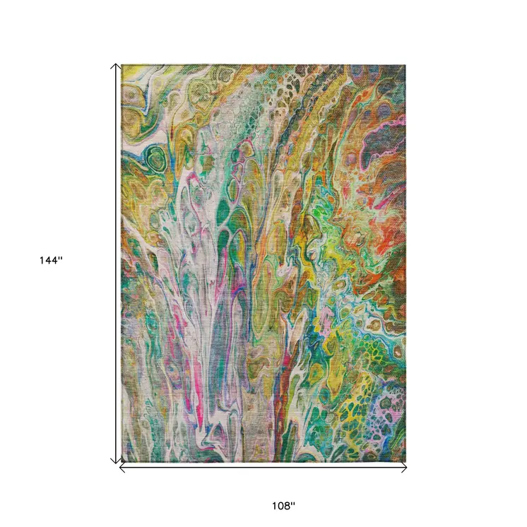 9' X 12' Green Gold And White Abstract Washable Indoor Outdoor Area Rug