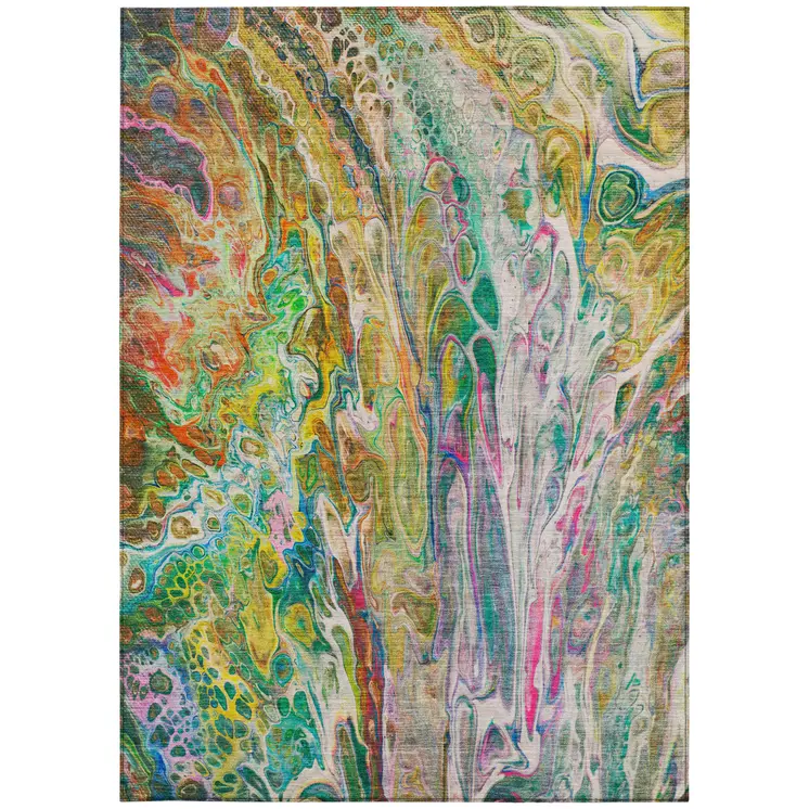 10' X 14' Green Gold And White Abstract Washable Indoor Outdoor Area Rug