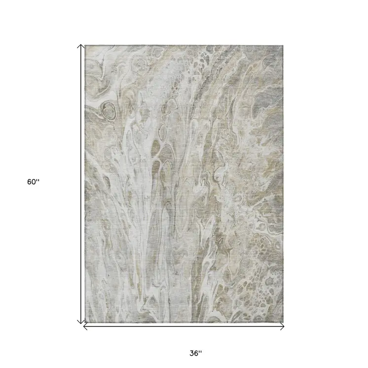 3' X 5' Taupe Beige And Ivory Abstract Washable Indoor Outdoor Area Rug