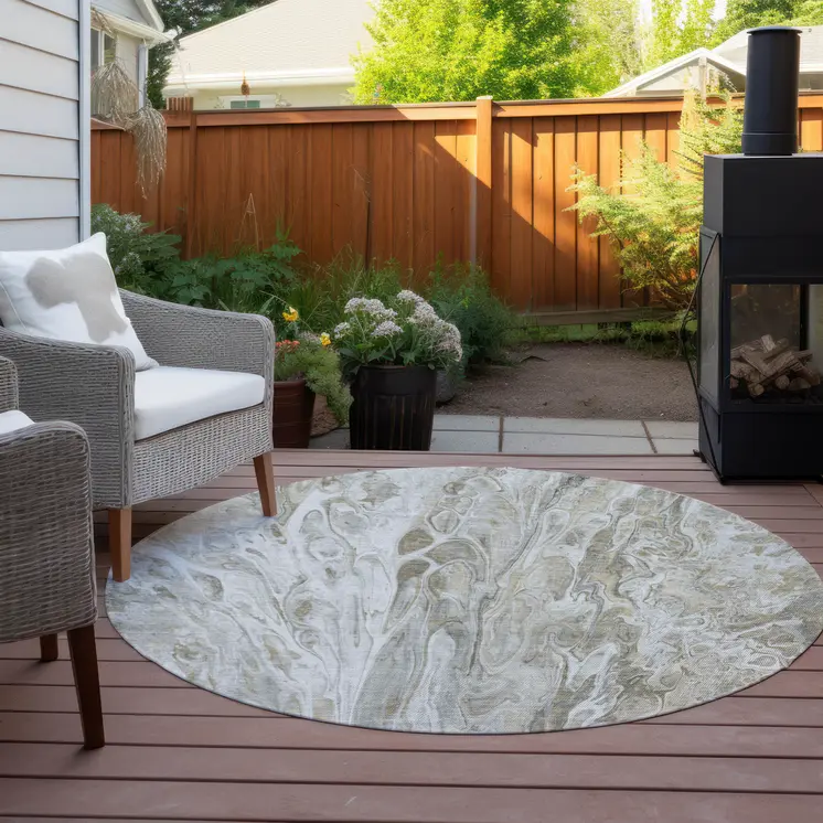 8' Taupe Beige And Ivory Round Abstract Washable Indoor Outdoor Area Rug