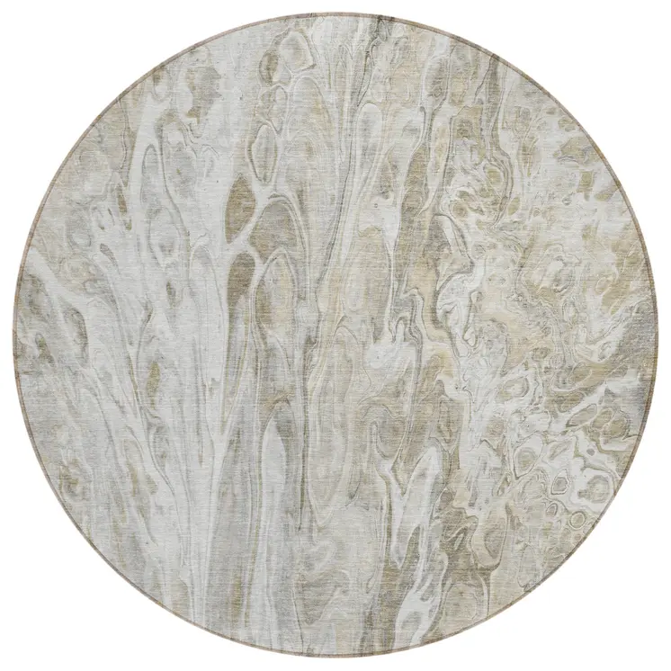 8' Taupe Beige And Ivory Round Abstract Washable Indoor Outdoor Area Rug