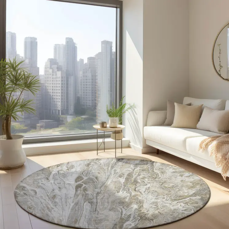 8' Taupe Beige And Ivory Round Abstract Washable Indoor Outdoor Area Rug