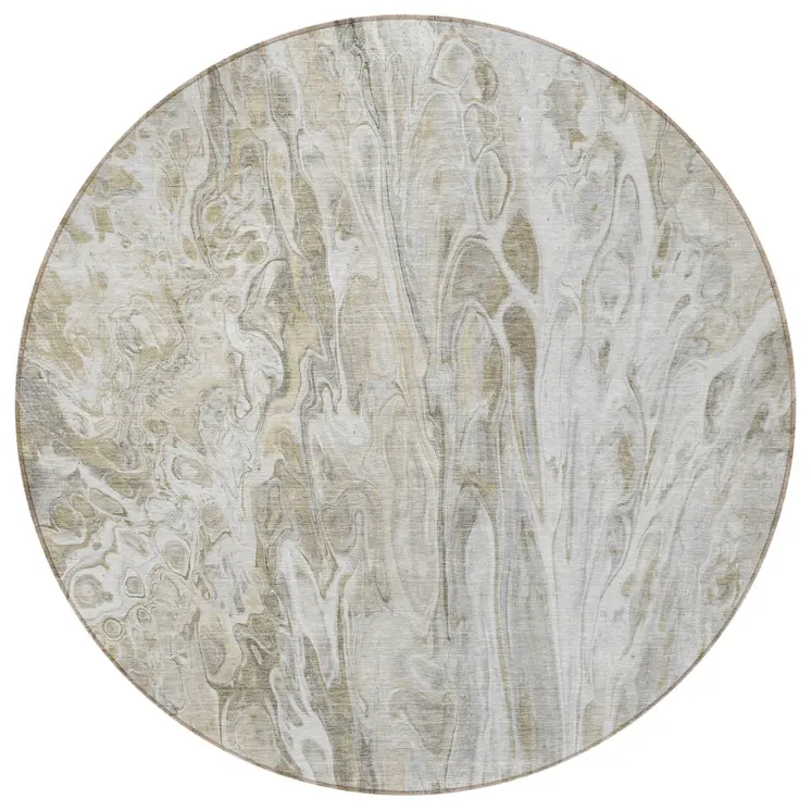 8' Taupe Beige And Ivory Round Abstract Washable Indoor Outdoor Area Rug
